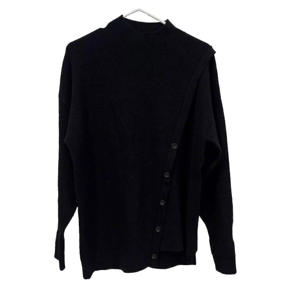 Halogen Women's Medium M Asymmetric Button Mock Neck Stitch Mix Sweater Black
